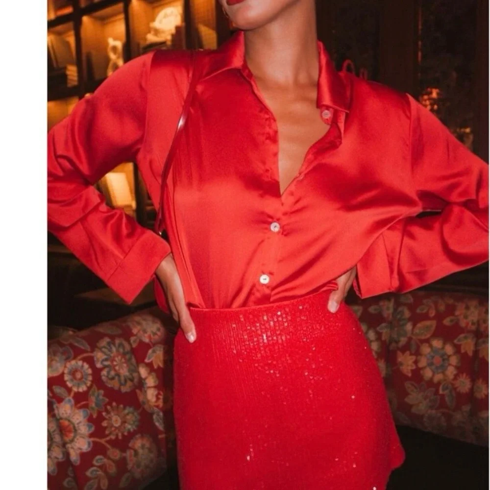 Show Me Your MuMu Shimmering Red Mini Skirt & Oversized Red Satin Button Blouse - Picture 6 of 7